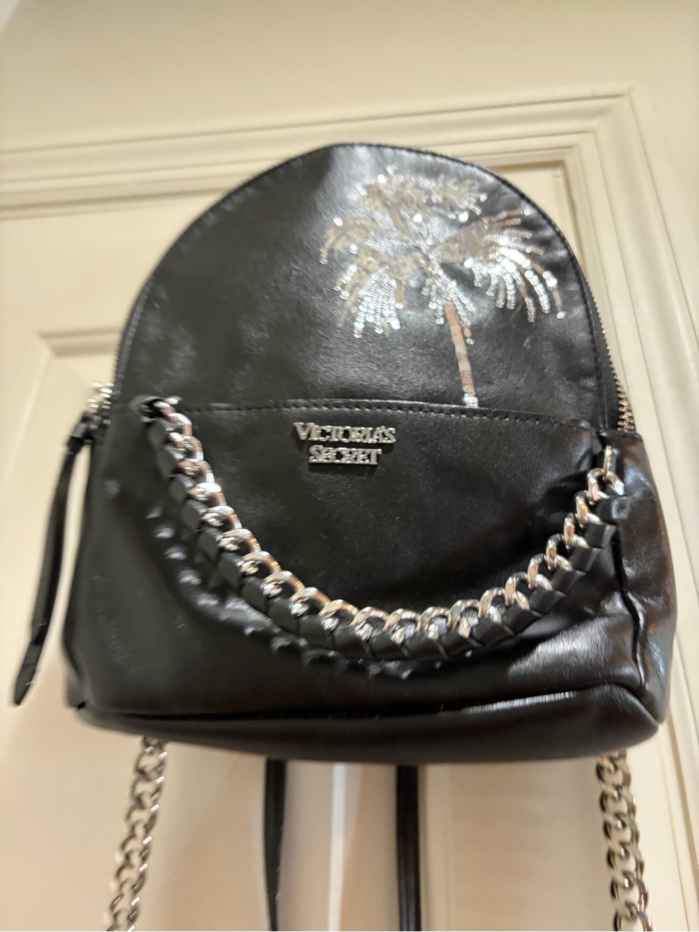 Victoria's Secret Black Mini Backpack with Silver Chain and Palm Accent - Picture 3 of 16
